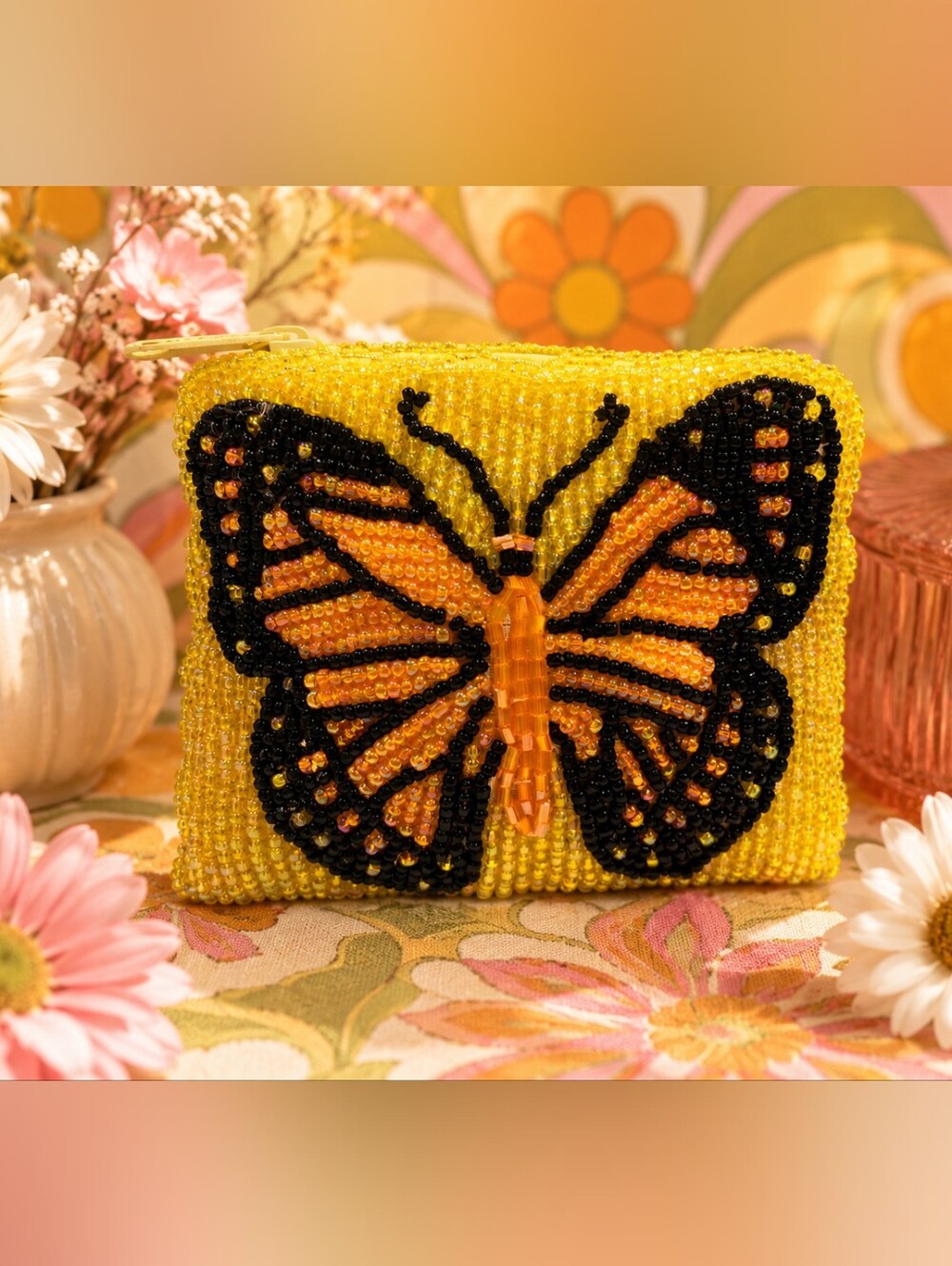 🦋 Groovy Butterfly Magic! 🌼✨ Vintage Beaded Coin Purse | 70s Flower Power